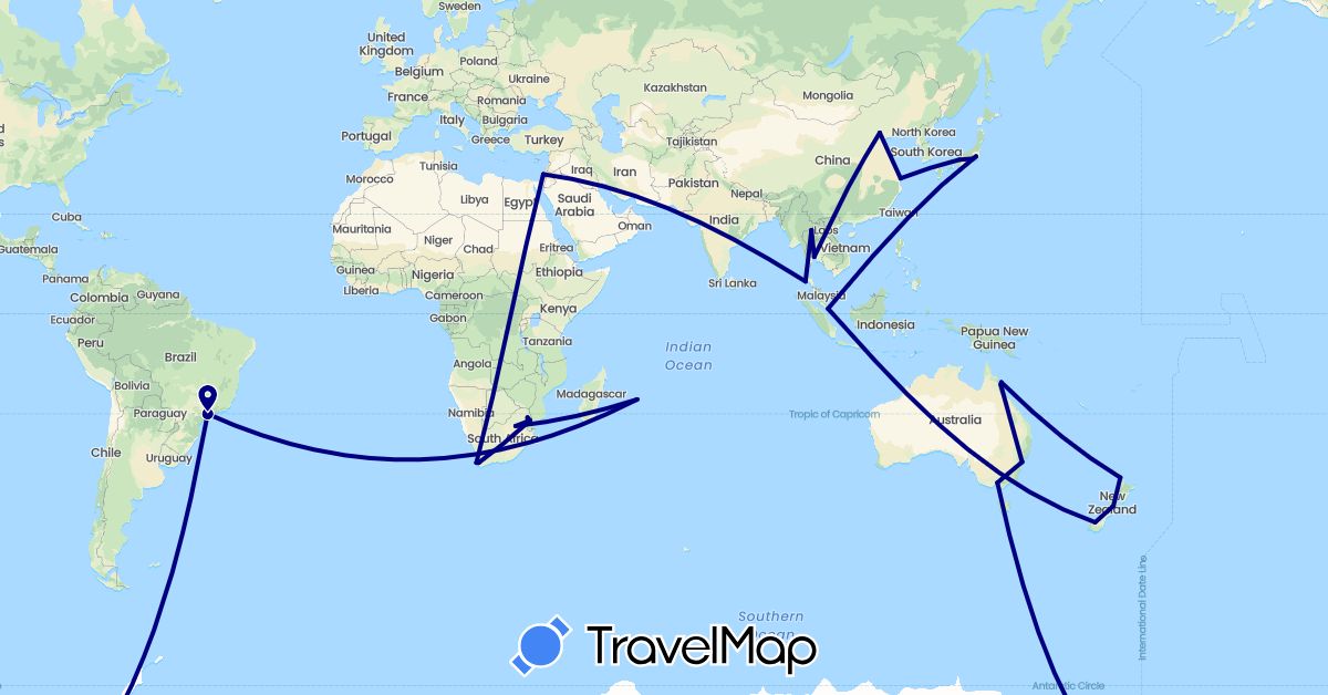 TravelMap itinerary: driving in Australia, Brazil, China, Israel, Japan, Mauritius, New Zealand, Singapore, Thailand, South Africa (Africa, Asia, Oceania, South America)